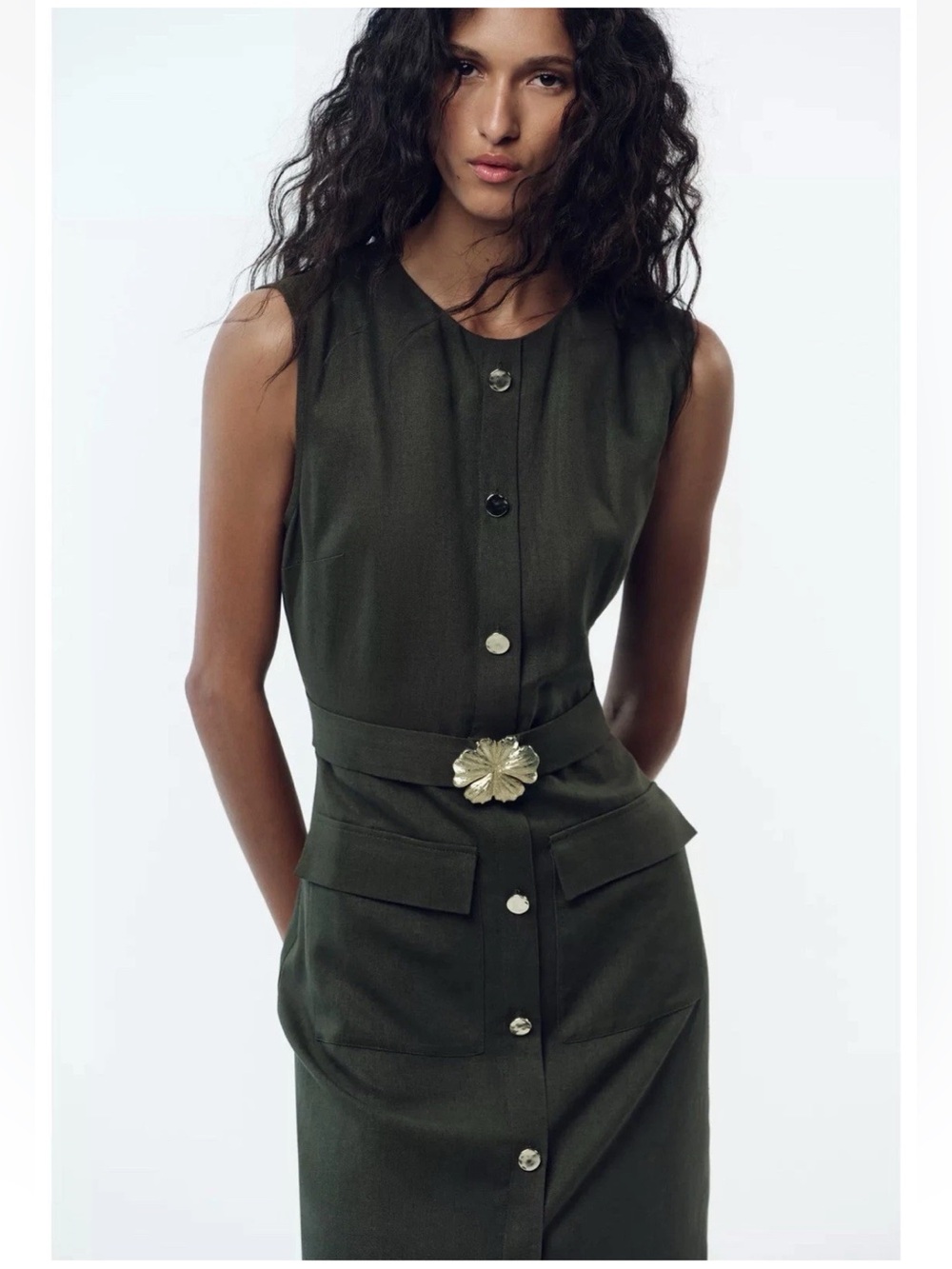 Zara Olive Green LINEN BELTED MIDI DRESS - Picture 5 of 15